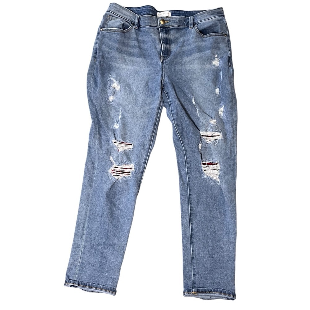 Lane Bryant Boyfriend Jeans Mid Rise Distressed Plaid Patch Light Wash 14